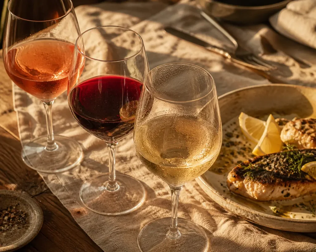 Accords mets vins : poissons grillés et sauces, verres blanc rouge rosé