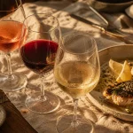 Accords mets vins : poissons grillés et sauces, verres blanc rouge rosé