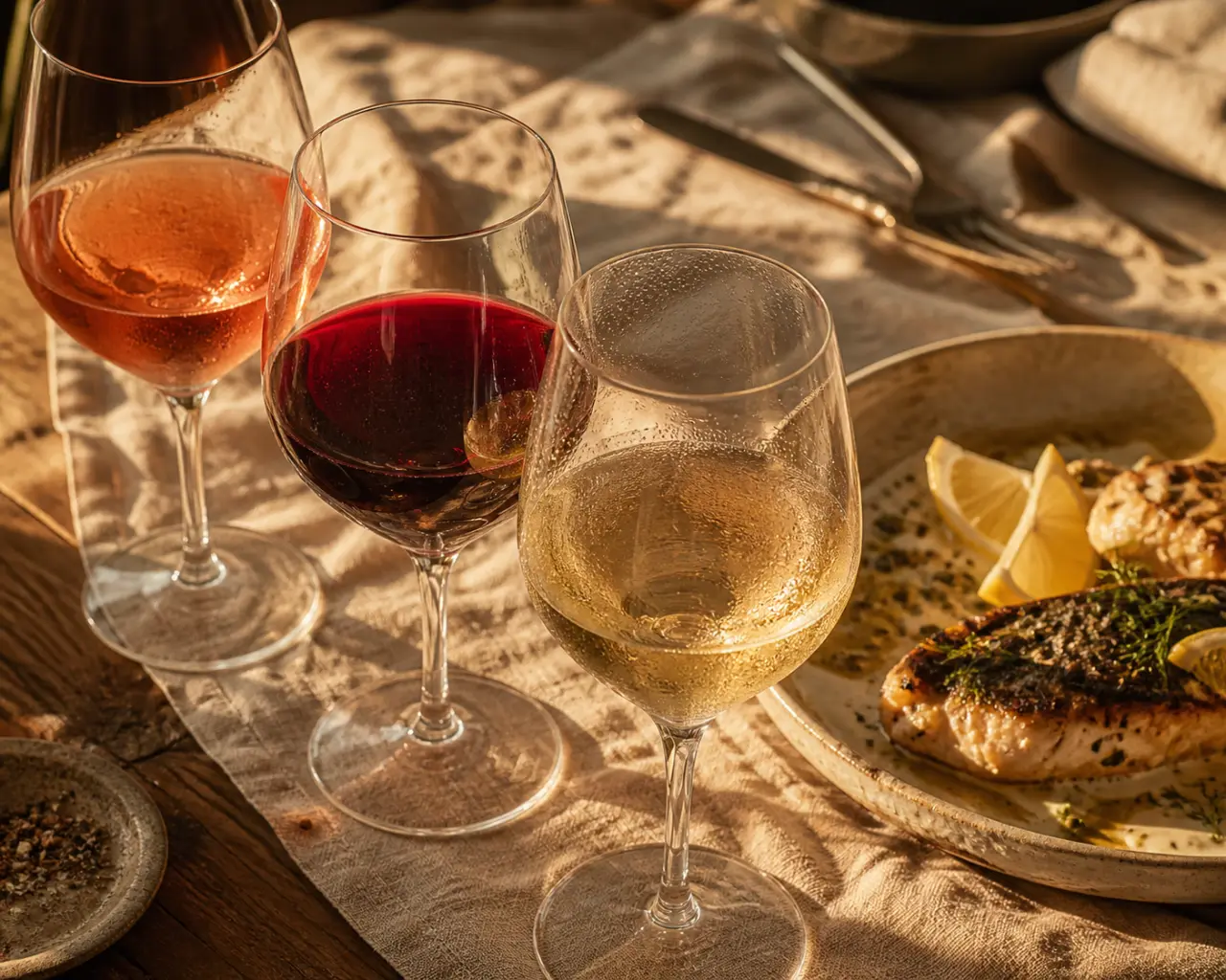 Accords mets vins : poissons grillés et sauces, verres blanc rouge rosé