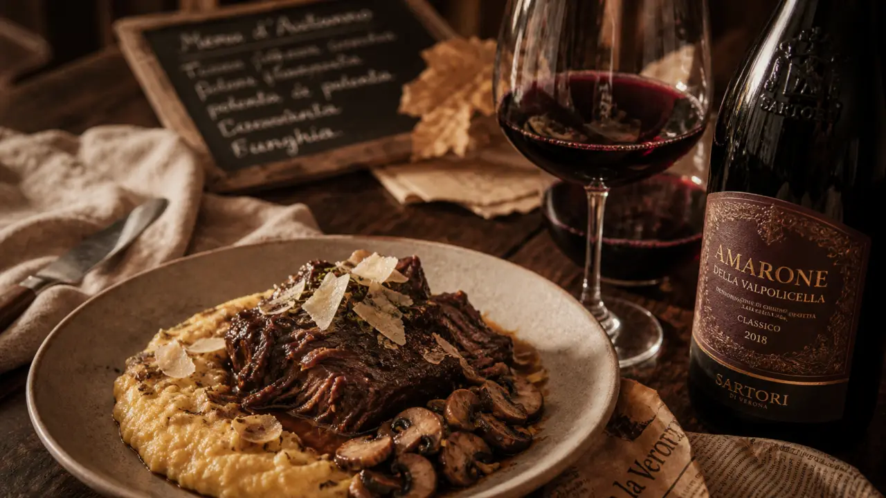 Amarone accord mets vins avec bœuf braisé et fromages affinés, verre de vin rouge