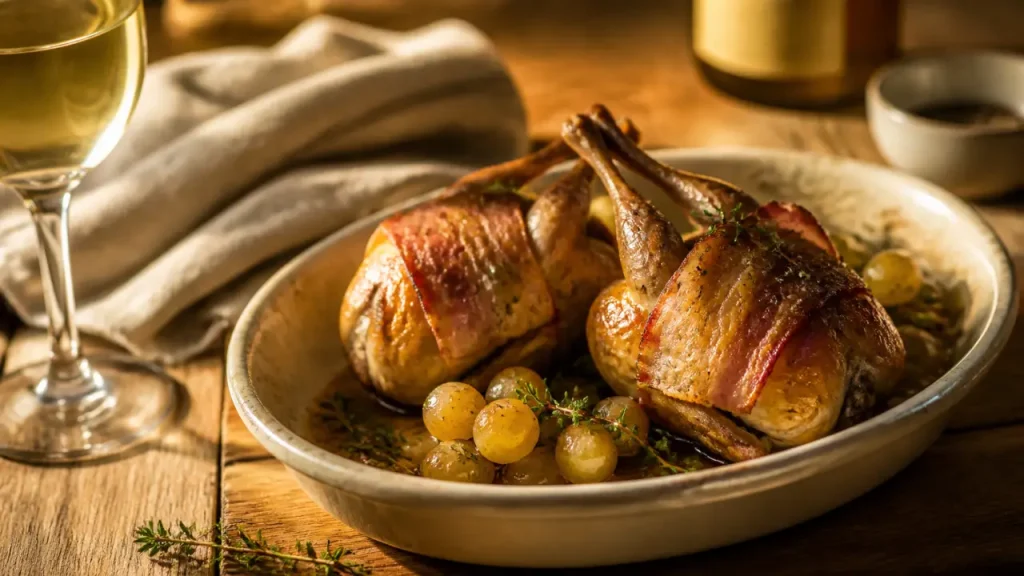 Caille au four dorée au thym, plat céramique
