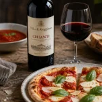 Chianti accord mets vins : tomate, grillades et fromages sur table