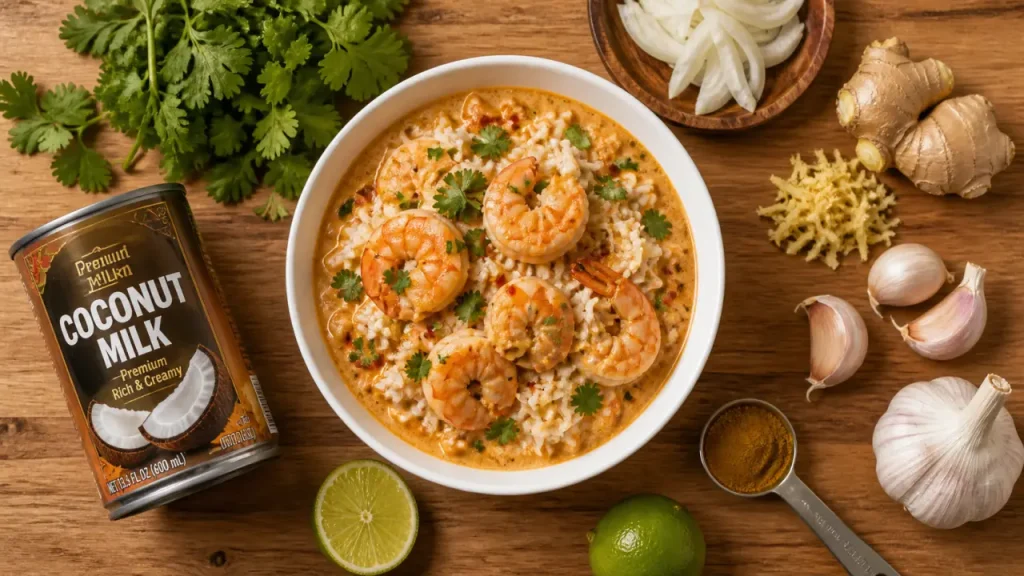 Crevettes au lait de coco au curry thaï, riz et sauce coco-curry