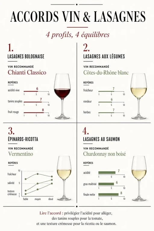 Infographie vin avec lasagnes montrant les meilleurs accords selon le type de lasagnes