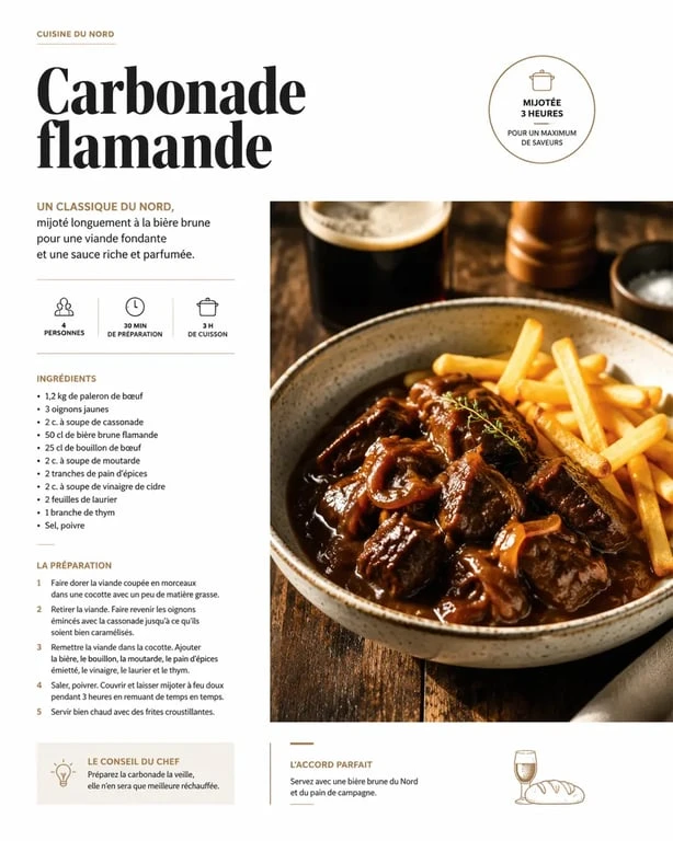 Recette carbonade flamande avec bœuf mijoté en sauce brune et frites dorées