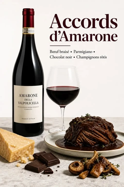 Amarone accord mets vins : bouteille de vin, viande braisée, parmesan affiné et chocolat noir