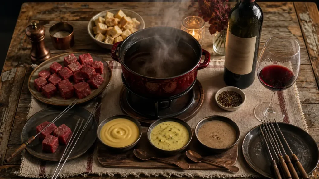 Fondue vigneronne au vin rouge : caquelon en fonte et viandes