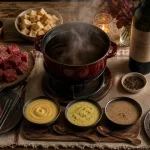 Fondue vigneronne au vin rouge : caquelon en fonte et viandes