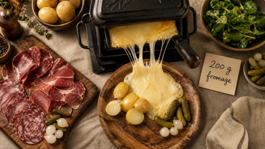 Quantité fromage raclette par personne : 200 g, fromage fondu et table à raclette