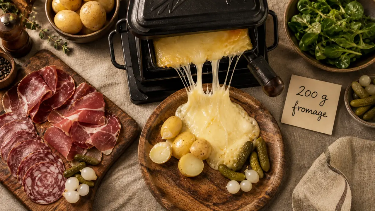 Quantité fromage raclette par personne : 200 g, fromage fondu et table à raclette