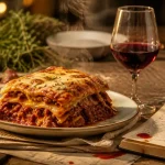 Vin avec lasagnes : lasagnes bolognaise et verre de vin rouge