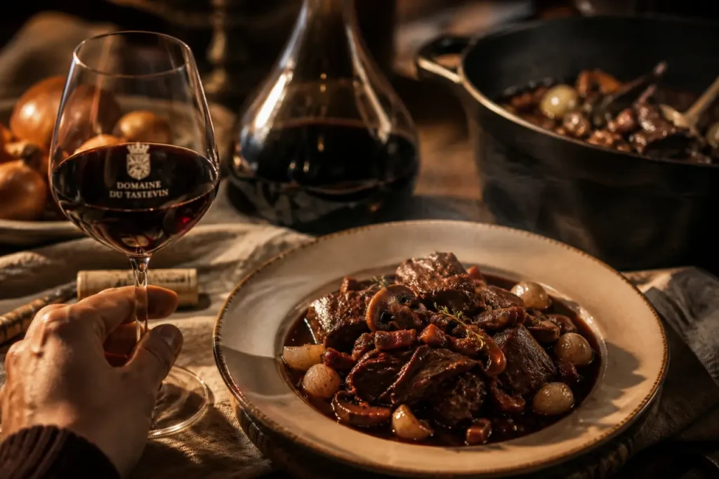 Vin boeuf bourguignon : verre de Bourgogne avec bœuf bourguignon}}