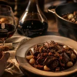 Vin boeuf bourguignon : verre de Bourgogne avec bœuf bourguignon}}