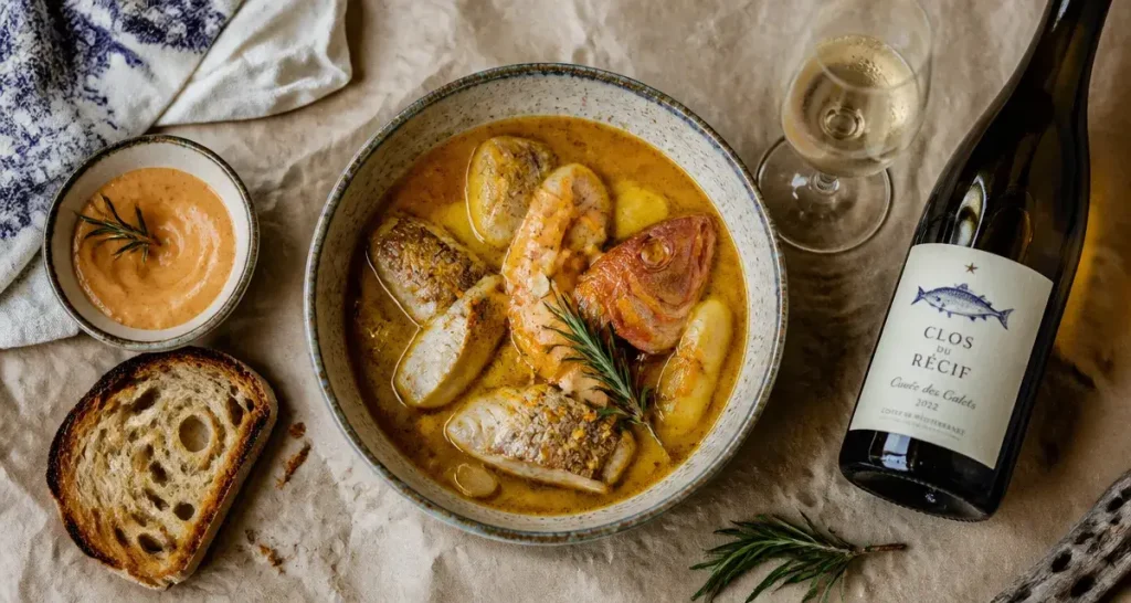 Vin bouillabaisse : bouteille de blanc et bol de bouillabaisse safranée