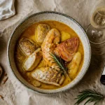 Vin bouillabaisse : bouteille de blanc et bol de bouillabaisse safranée