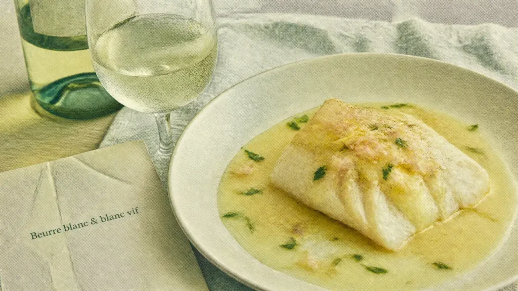 Vin cabillaud beurre blanc, beurre blanc et verre de blanc vif