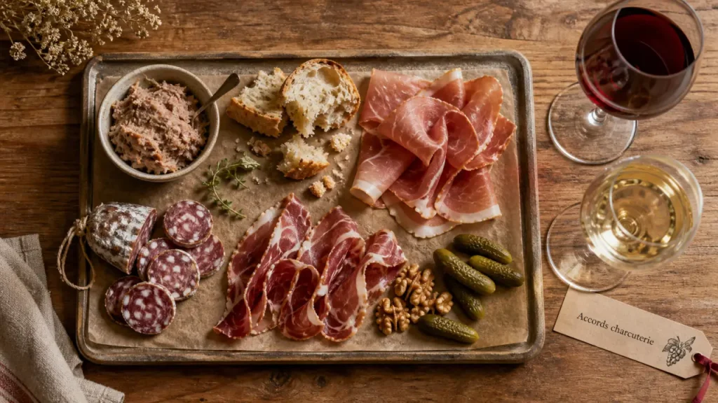 Vin charcuterie avec plateau : rouge léger, blanc vif ou bulles