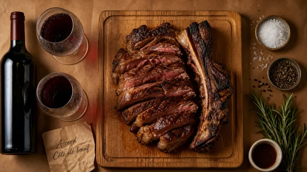 Vin côte de boeuf rouge avec côte de bœuf grillée, planche chêne