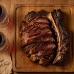 Vin côte de boeuf rouge avec côte de bœuf grillée, planche chêne