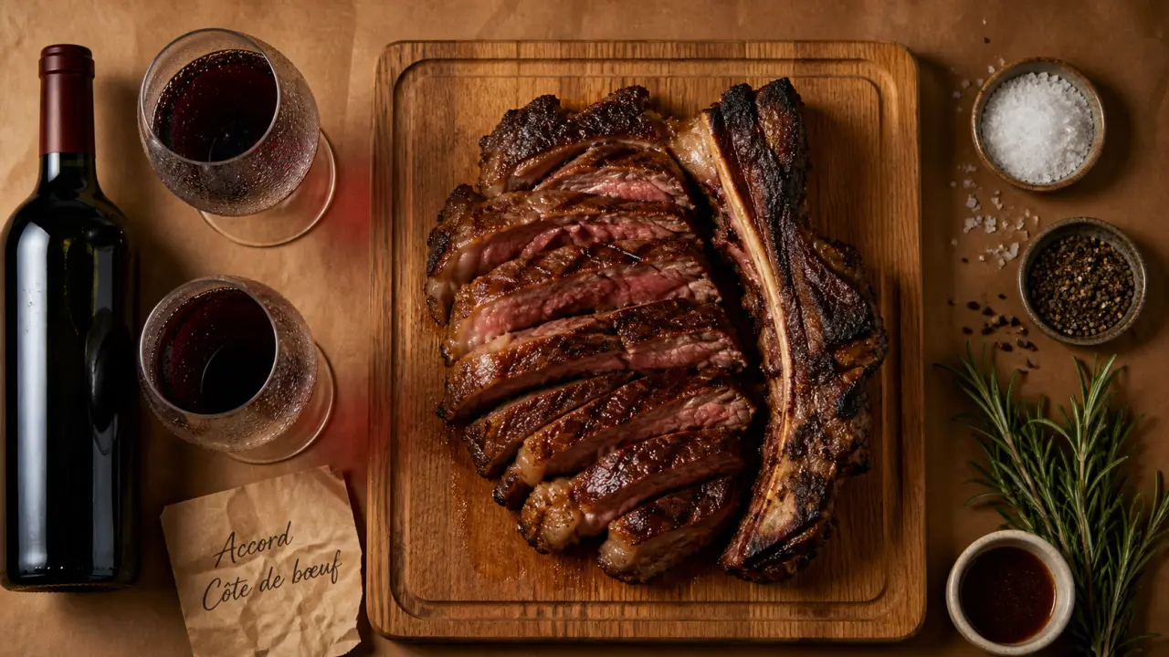 Vin côte de boeuf rouge avec côte de bœuf grillée, planche chêne