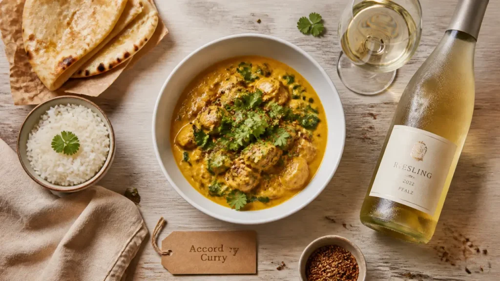 Vin curry : riesling et curry crémeux au lait de coco, plat en vue du dessus