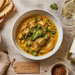 Vin curry : riesling et curry crémeux au lait de coco, plat en vue du dessus