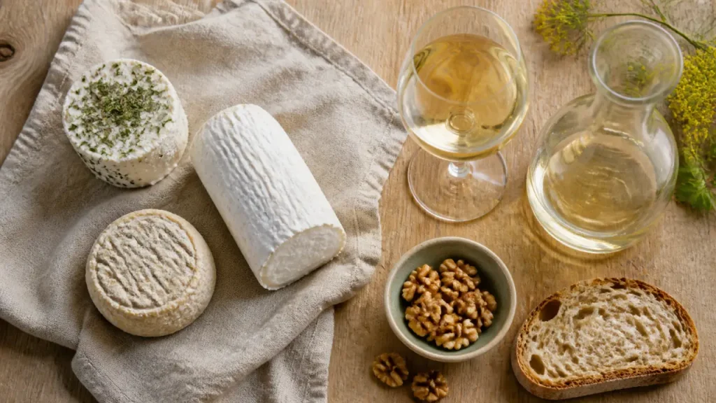 Vin fromage chèvre : verre et fromage de chèvre frais, affiné ou chaud