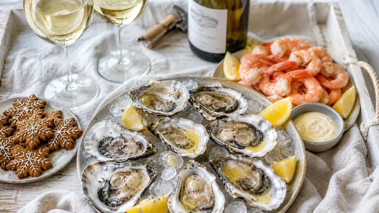 Vin fruits de mer : huîtres et crevettes avec citron et sauce