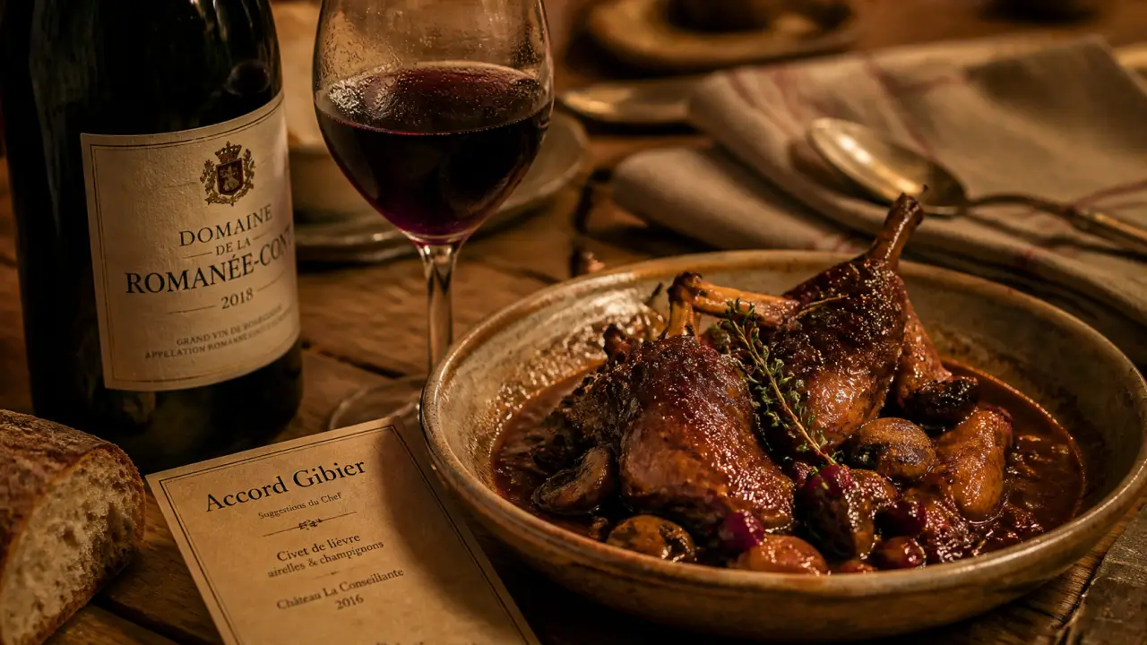 Vin gibier rouge avec civet de lièvre en sauce