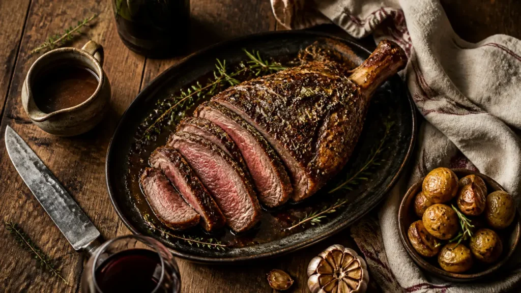 Vin gigot agneau : gigot d’agneau rôti aux herbes avec verre de vin rouge