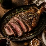 Vin gigot agneau : gigot d’agneau rôti aux herbes avec verre de vin rouge
