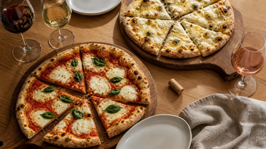 Vin pizza avec pizza Margherita et quatre fromages, verres rouge blanc rosé