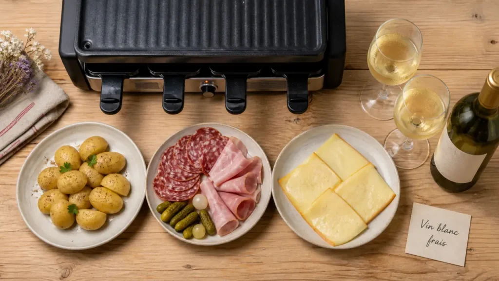Vin raclette : vin blanc vif avec raclette, fromages et charcuterie