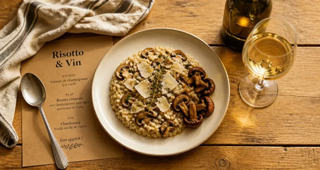 Vin risotto champignons : verre de vin blanc et risotto aux champignons