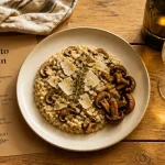 Vin risotto champignons : verre de vin blanc et risotto aux champignons