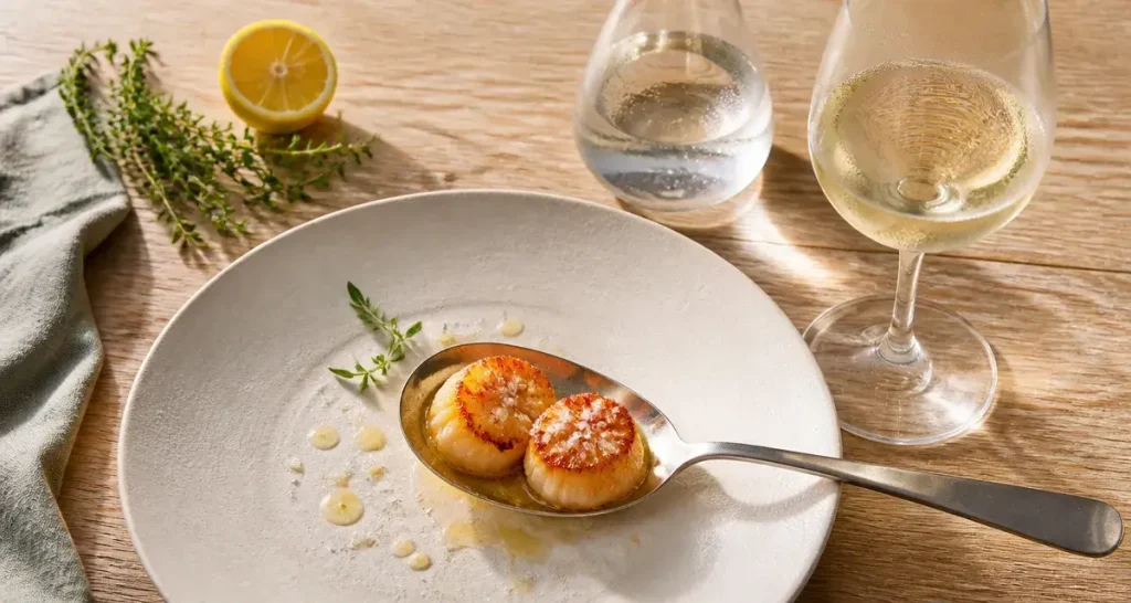 Vin saint jacques avec Saint-Jacques poêlées, verre de vin blanc sec