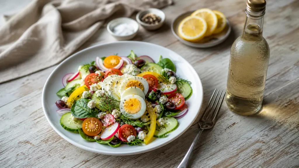 Vin salade composée : salade fraîche et vin blanc vif