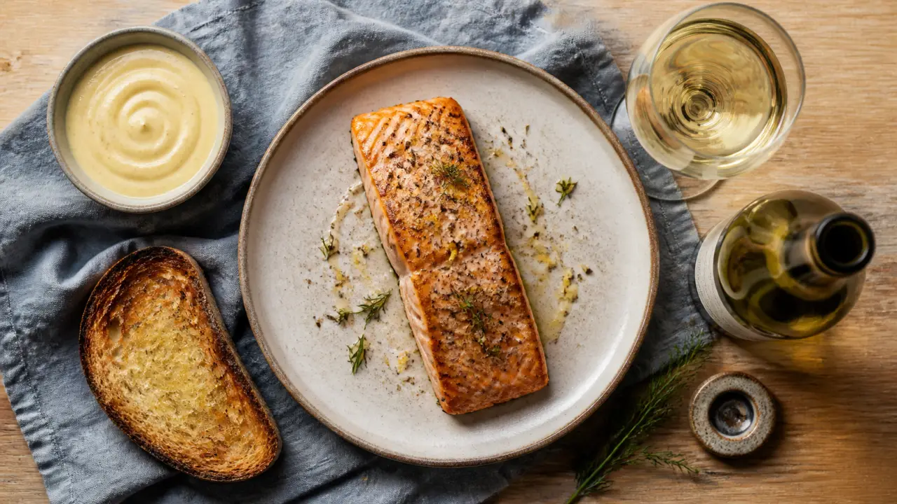 Vin saumon : blanc vif avec saumon poêlé et citron