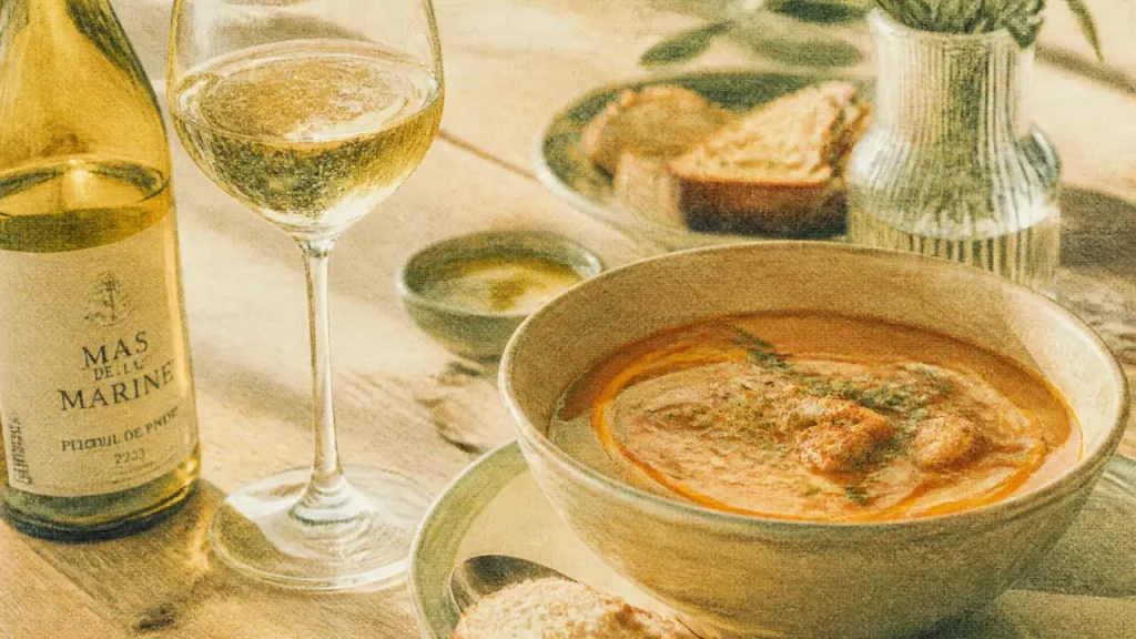 Vin soupe de poisson avec rouille orangée et croûtons à l’ail