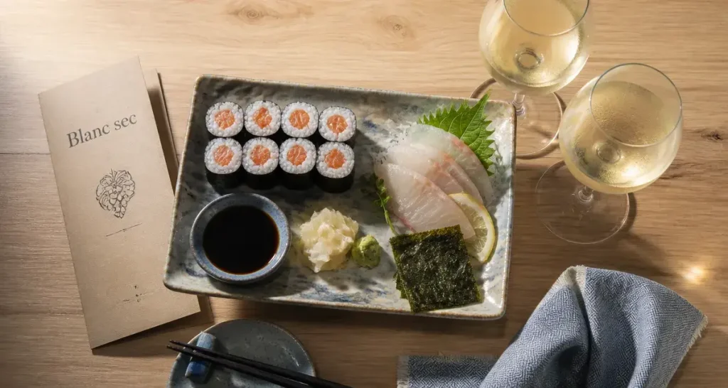Vin sushi avec sushis, vin blanc sec, sauce soja et wasabi