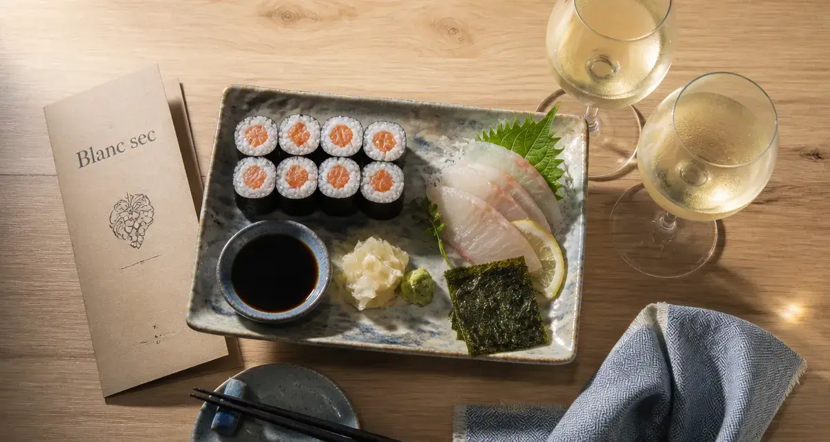 Vin sushi avec sushis, vin blanc sec, sauce soja et wasabi