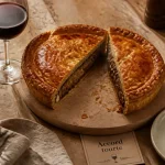 Vin tourte viande : verre de rouge avec tourte à la viande