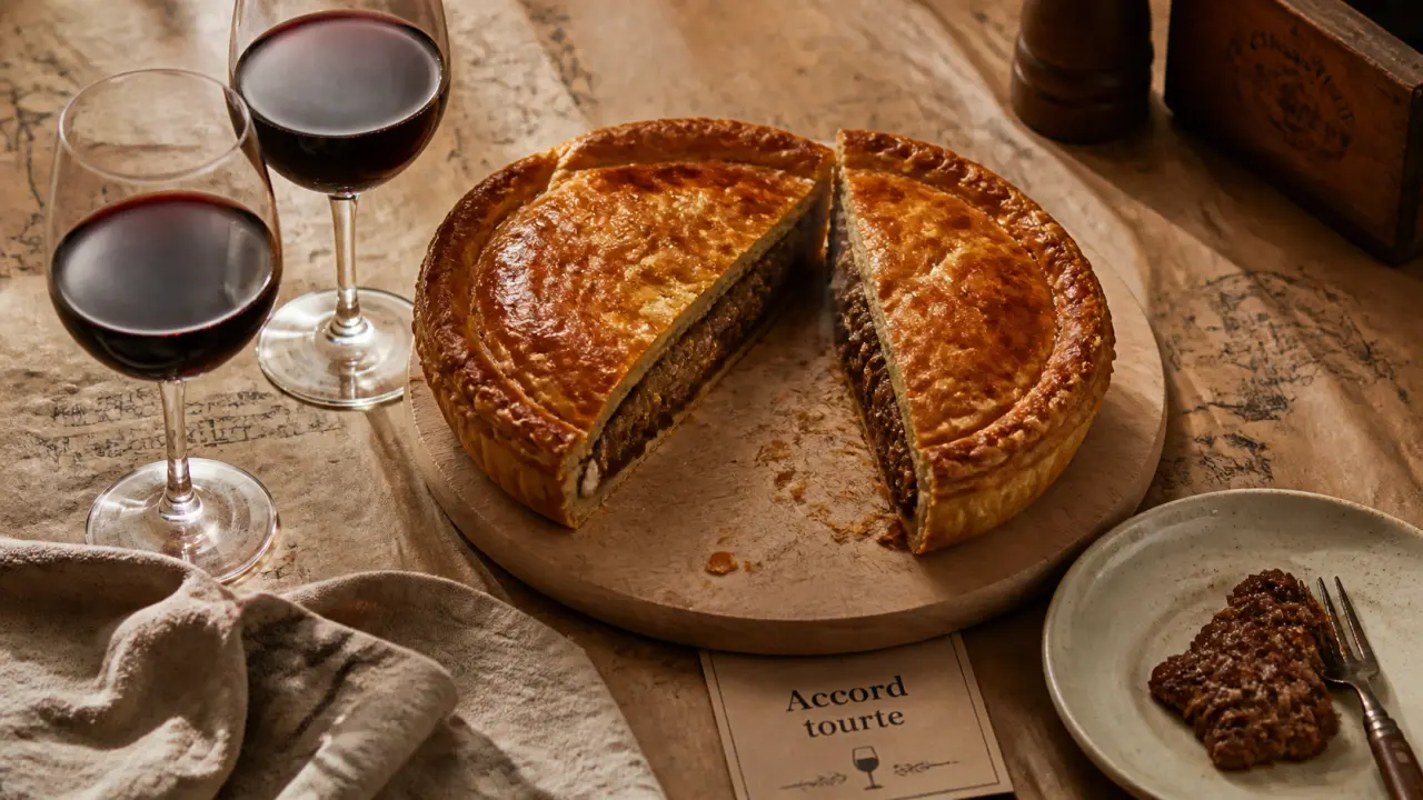 Vin tourte viande : verre de rouge avec tourte à la viande