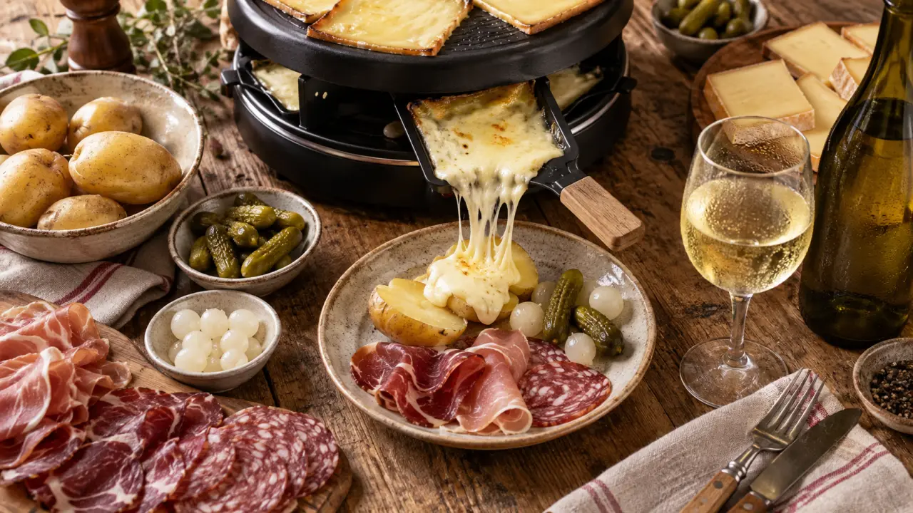 Accord mets et vins raclette : vin blanc sec avec fromage fondu, pommes de terre et charcuterie