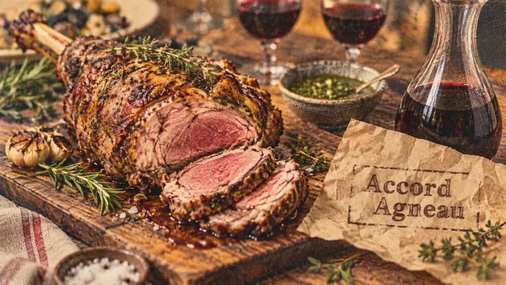 Accord mets vins agneau : gigot rôti rosé, carafe de vin rouge