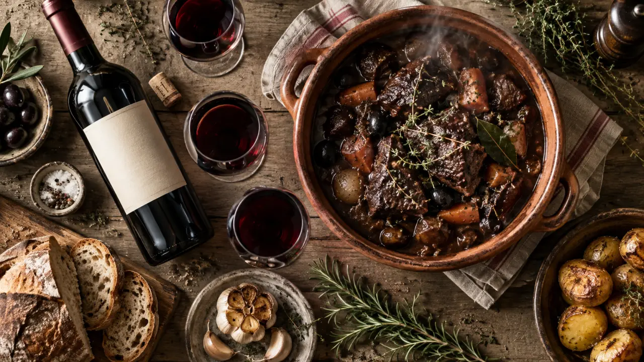 Accord mets vins beaume de venise rouge : daube provençale et fromages, vin rouge