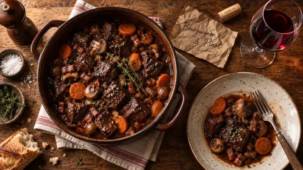 Accord mets vins boeuf bourguignon : bœuf bourguignon avec verre de vin rouge Bourgogne Pinot