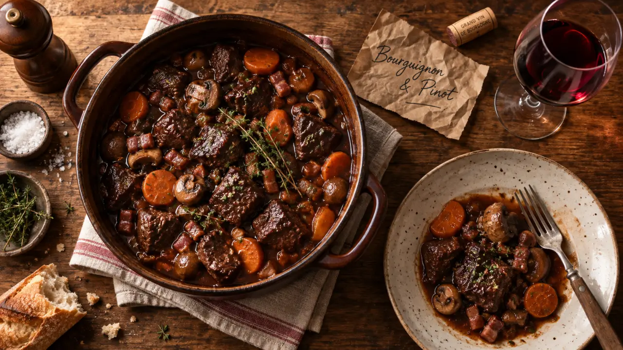 Accord mets vins boeuf bourguignon : bœuf bourguignon avec verre de vin rouge Bourgogne Pinot