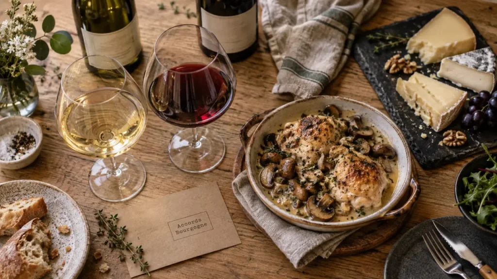 Accord mets vins Bourgogne : verres chardonnay, pinot noir et plat poulet-crème