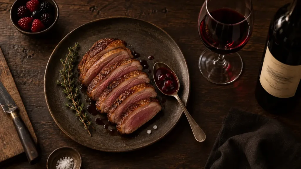Accord mets et vins canard : magret rouge soyeux, blanc tendu ou moelleux